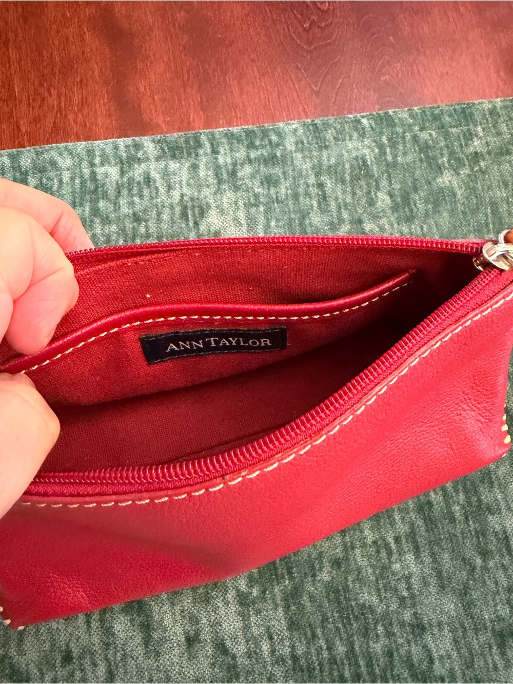 Ann Taylor Red Leather Clutch with Contrast Stitching